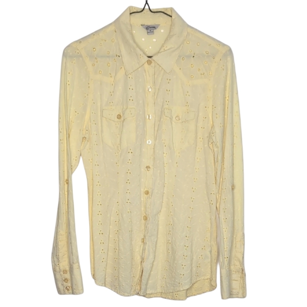 Guess Women's Small Yellow Long Sleeve Button Up Collar Lace Shirt‎